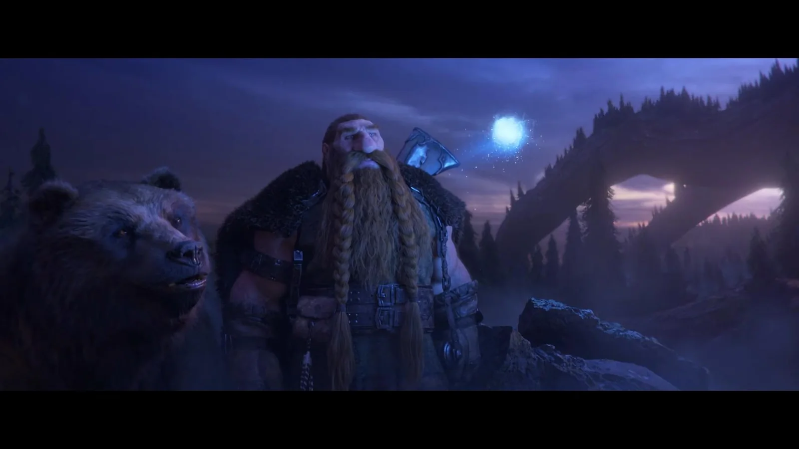 A bearded dwarf adventurer and a bear beside blue magical light in a scene from the Forever reveal cinematic.