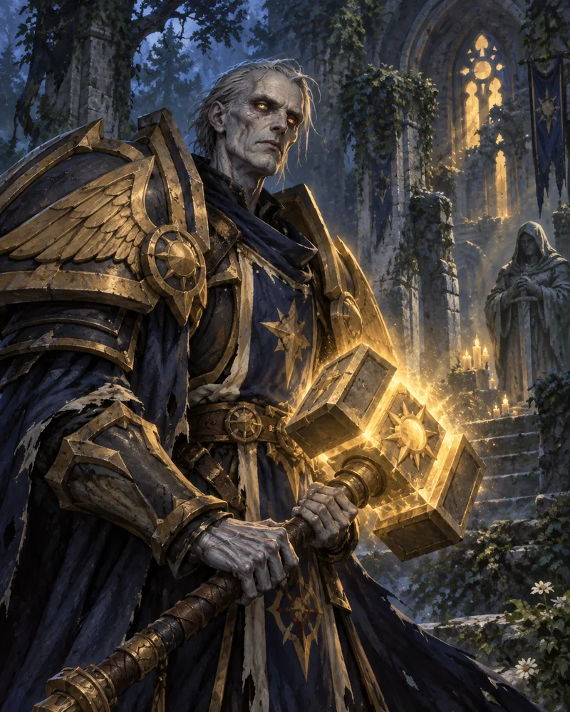 Original Warcraft fan illustration of a Forsaken paladin in golden armor carrying a glowing holy hammer.